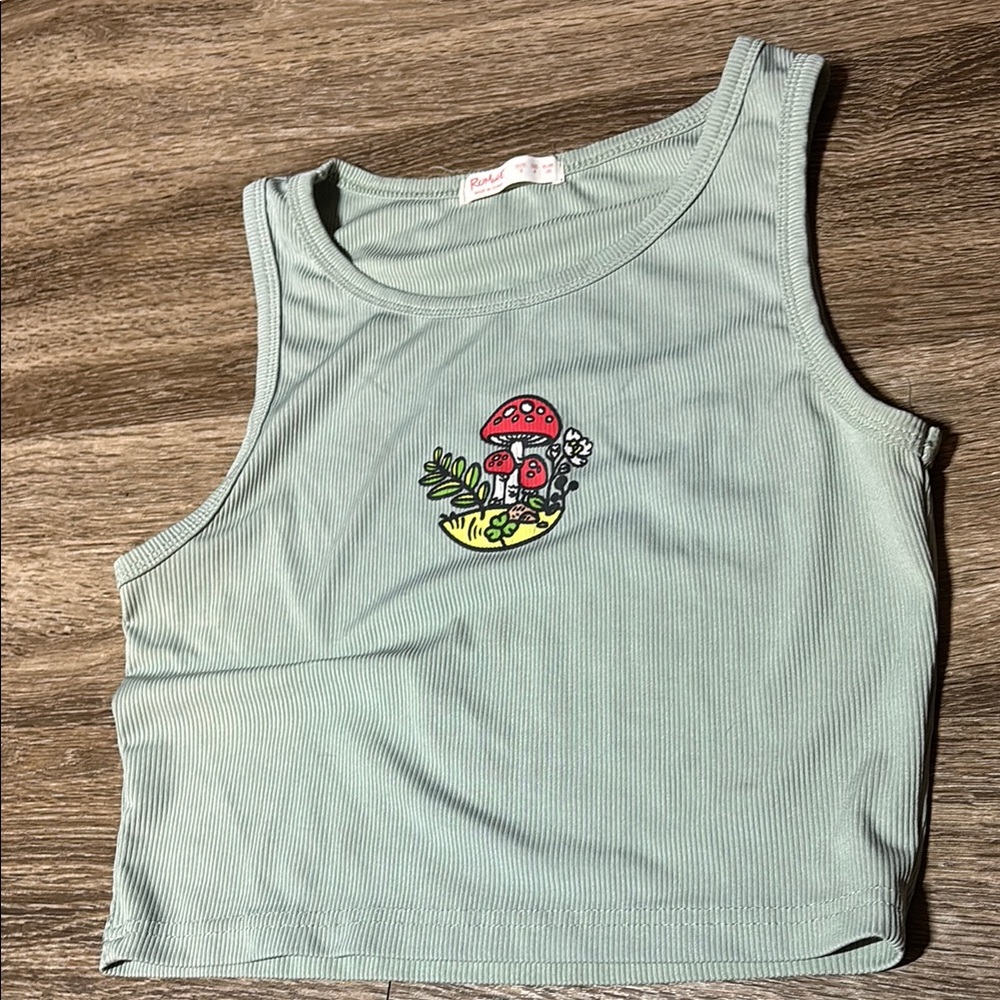 ROMWE Green Crop Top with Mushroom Design